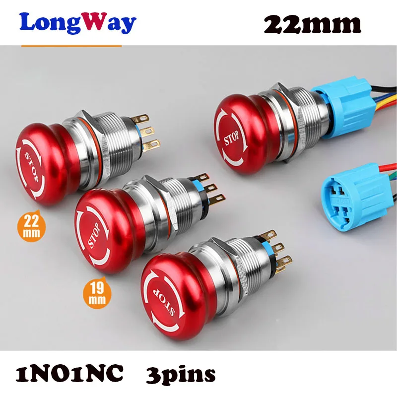 

22mm Metal Waterproof aluminum Push Button Switch mushroom emergency stop latching press button Non-slip 1NO1NC 3pins