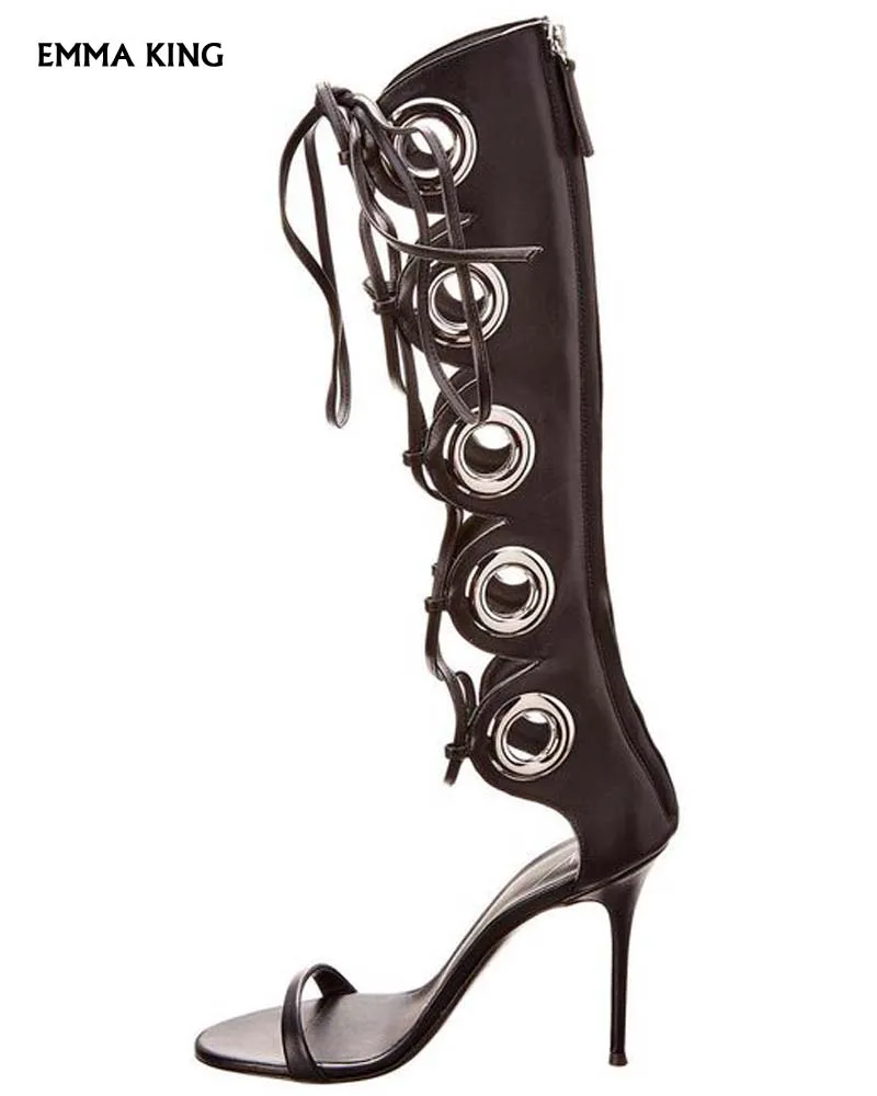 

2019Sexy Women Black Leather Lace-up Sandals Women Back Zip Boots Stiletto Heels silver-tone hardware Zipper closure Shoes Woman