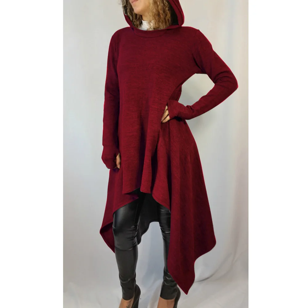 Fashion Red Hooded Long Sleeve Women Maxi Winter Dress Irregular