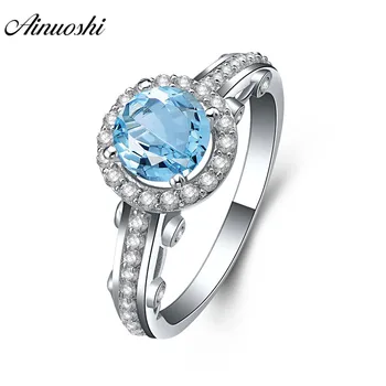 

AINUOSHI Natural Blue Topaz Ring Engagement Wedding Ring Inlaid Row Drills 1ct Gem Round Cut Halo Ring 925 Silver Women Jewelry