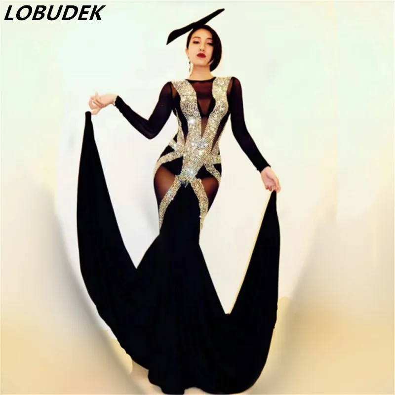 

Sparkly Rhinestones Jumpsuit Black Mesh Perspective Big Flare Rompers Women Singer Model Evening Celebrate Catwalk Stage Costume