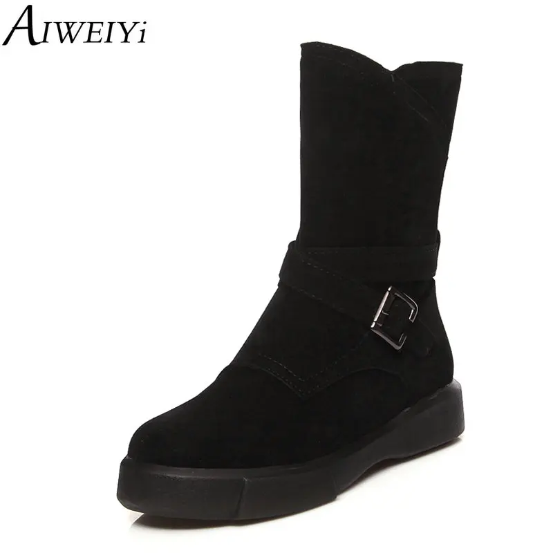 

AIWEIYi Flock Round Toe Ladies Shoes Short Plush Buckle Design Fashion Autumn Winter Mid Calf Boots For Women Black Shoes