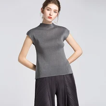 Changpleat летние женские футболки Miyak плиссированные оригинальные дизайнерские тонкие однотонные превосходная эластичность женские топы Плюс Размер Мода T8