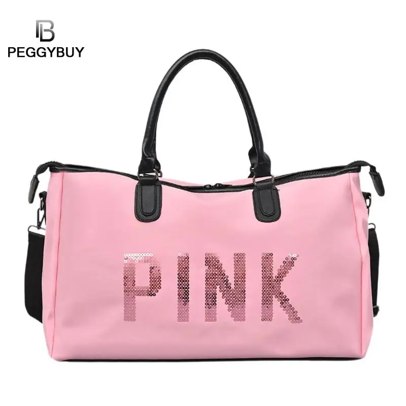 

Large Capacity Fashion Travel Bag The Latest Design Sequins PINK Letter Fitness Bag Dry Wet Separation Sports Bag Waterproof