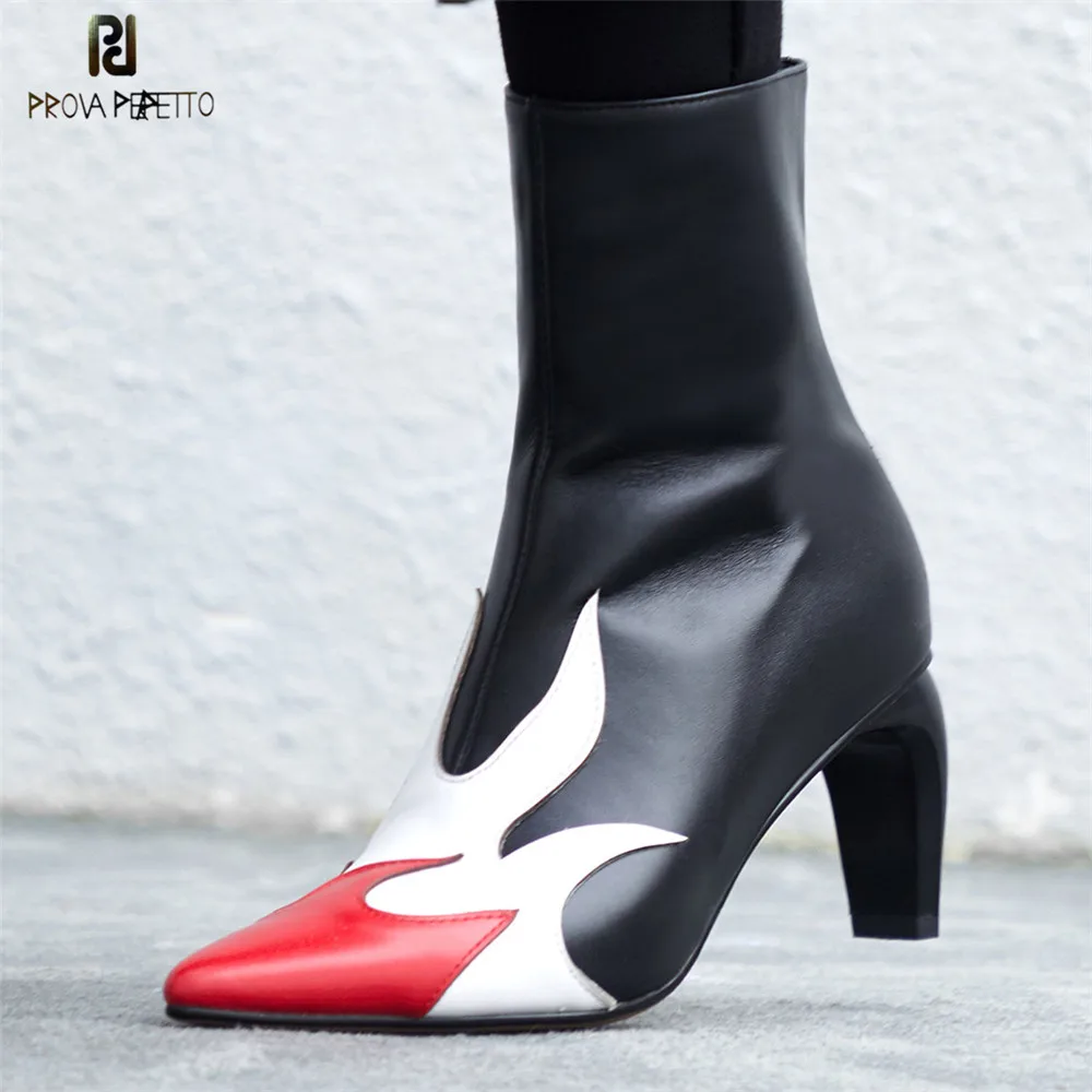 

Prova Perfetto New Hot Woman Boots Mixed Color Stylish Shoes Woman Strange Heel Chic Genuine Leather Boots Brand Runway Shoes