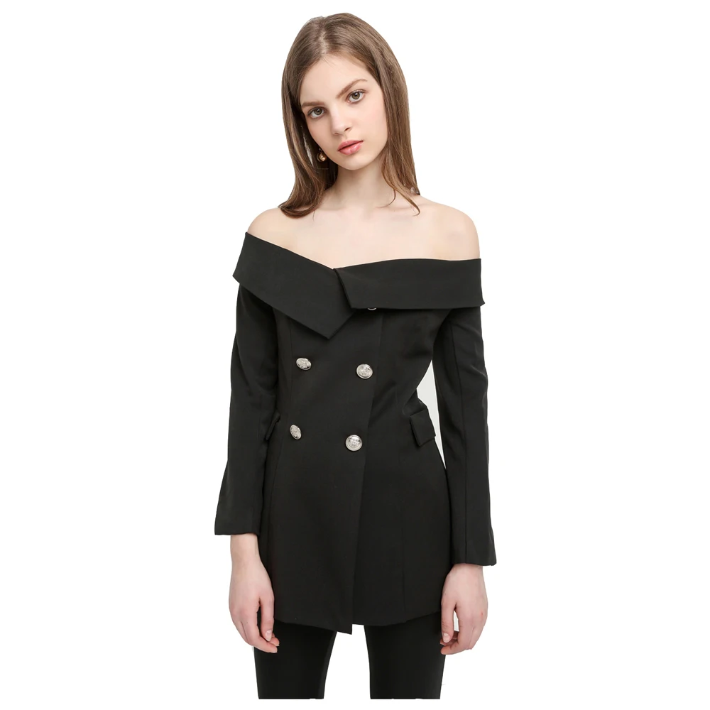 Off Shoulder Sexy Blazer Black Double Buttons Slash Neck Vintage Slim