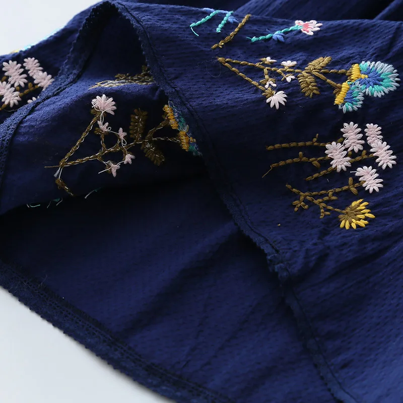 Spring Autumn 2-10 Years Cotton Navy Blue White Long Flare Trumpet Sleeve Embroidery Baby Kids Girls Tassels Blouse Shirt
