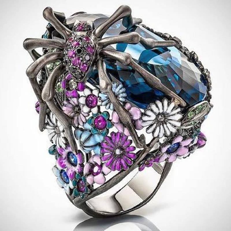 Tisonliz креативные синие циркониевые черные Серебряные кольца в стиле панк, цветочные кольца в виде паука, кольца на палец, подарок на Хэллоуин, ювелирные изделия в виде животных