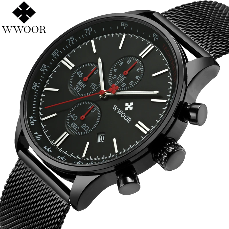 

WWOOR Brand Luxury Mens Watches Chronograph Quartz Watch Men Wristwatch Waterproof Steel Mesh Business Casual Watch Male Black