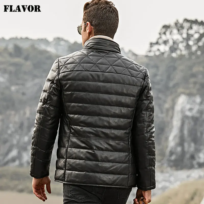 FLAVOR Men's Real Leather Down Jacket Men Genuine Lambskin Winter Warm Leather Coat with Removable Sheep Fur Collar