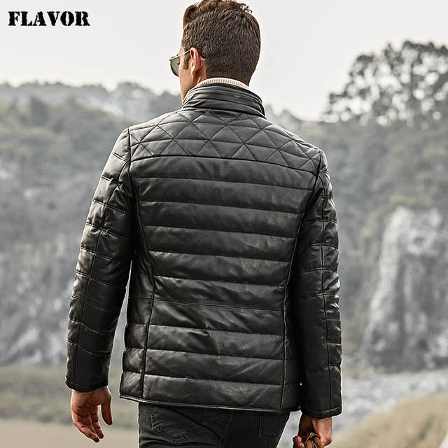FLAVOR Men’s Real Leather Down Jacket Men Genuine Lambskin Winter Warm Leather Coat with Removable Sheep Fur Collar