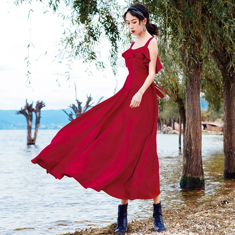 

Women Summer Retro Burgundy Long Ruffle Beach Dress Backless Tropical Elegant Vacation Fairy Sundress Female Red Vintage Dress