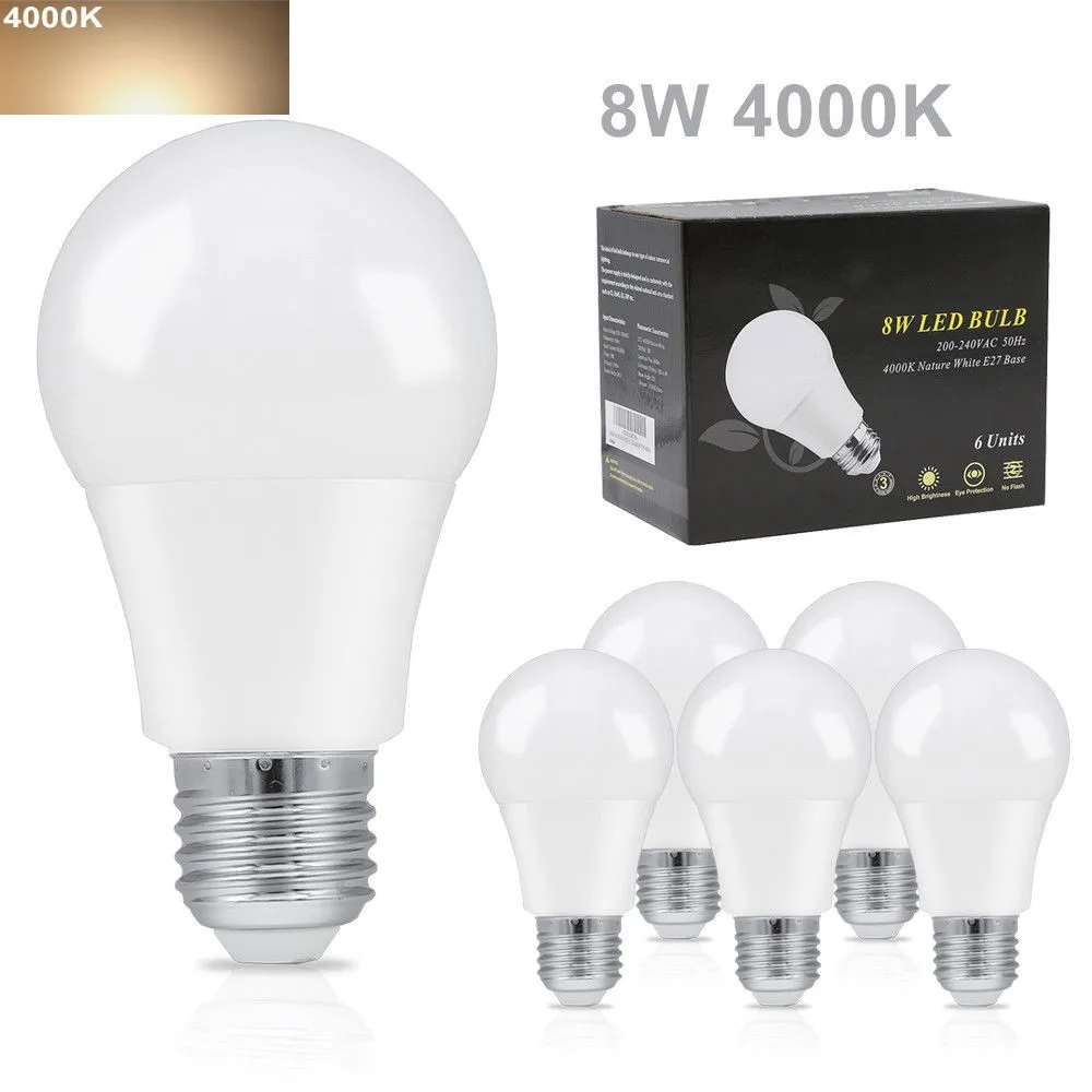 

6pcs/pkg LED Ampoule 8W A60 E27 Light Bubble Ball Bulbs Lampada 4000K Natural White Energy Save Home Indoor Lighting Living Room