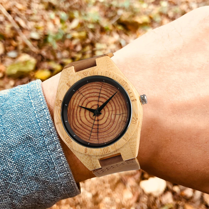 Casual Log Wooden Men's Wrist Watch Simple Nature Design Gear Pattern Dial Bangle Clock Father's Day Gift for Dad Quartz Watches (15)
