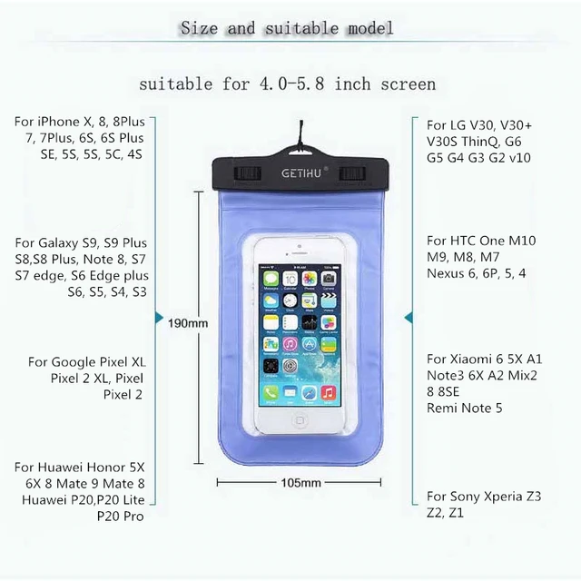 GETIHU Universal Waterproof Bag Pouch Phone Case For iPhone XS Max XR X 8 7 6 Plus Samsung S8 Note 8 For Huawei Water Proof Case