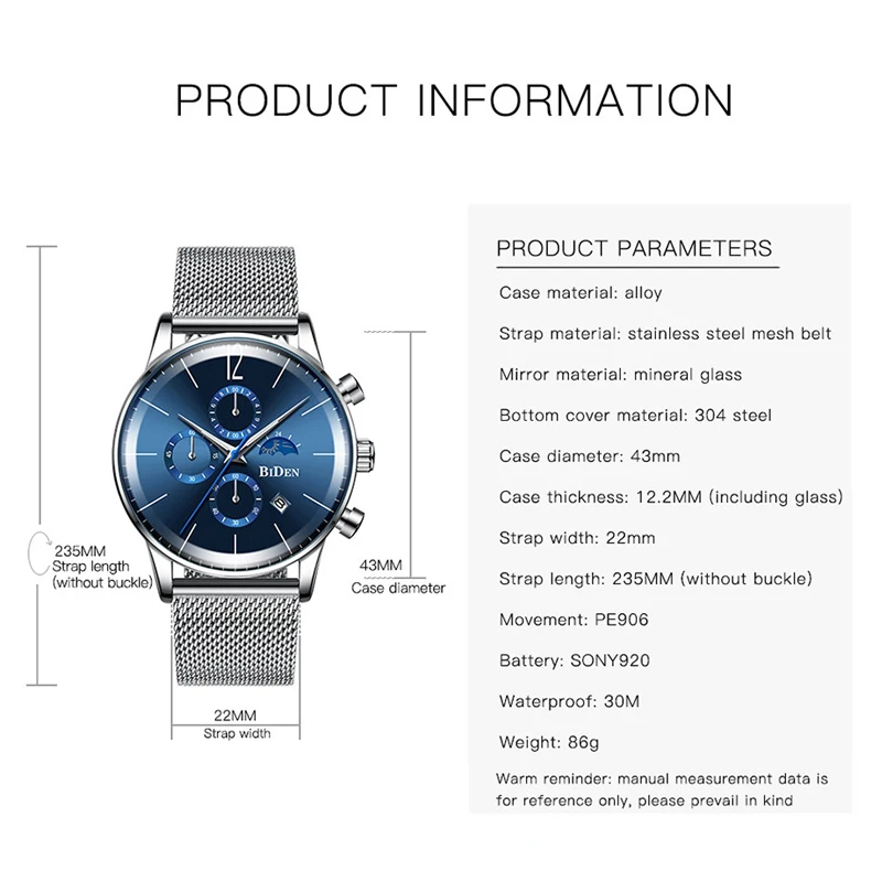 Мужские Аналоговые кварцевые часы BIDEN от ведущего бренда, мужские Модные деловые часы из нержавеющей стали, водонепроницаемые наручные часы Relogio Masculino