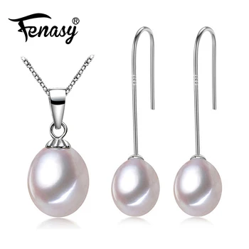 

FENASY Trendy Jewelry Wedding Engagement Jewelry sets Natural Pearl Pendant Necklace women S925 Silver pearl Earrings Female