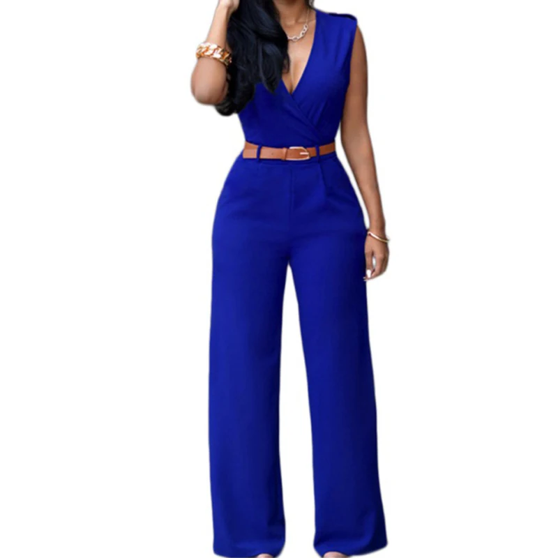

Women Sexy V Cut Rompers Sleeveless Solid Color with Belt Summer Casual Bodycon Jumpusits
