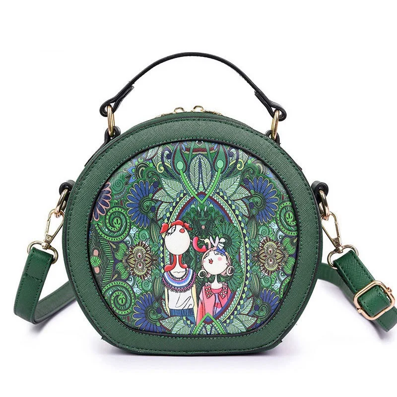 

Women Brand Small Circular Shoulder Bag PU Leather Crossbody Messenger Bag For Girls Flower Straw Beach Bucket Bag Green