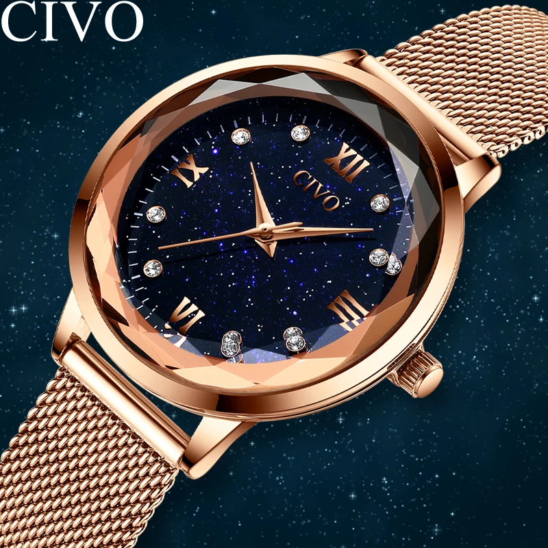 Женские часы CIVO Star Sky роскошные модные наручные с сетчатым ремешком Подарочные