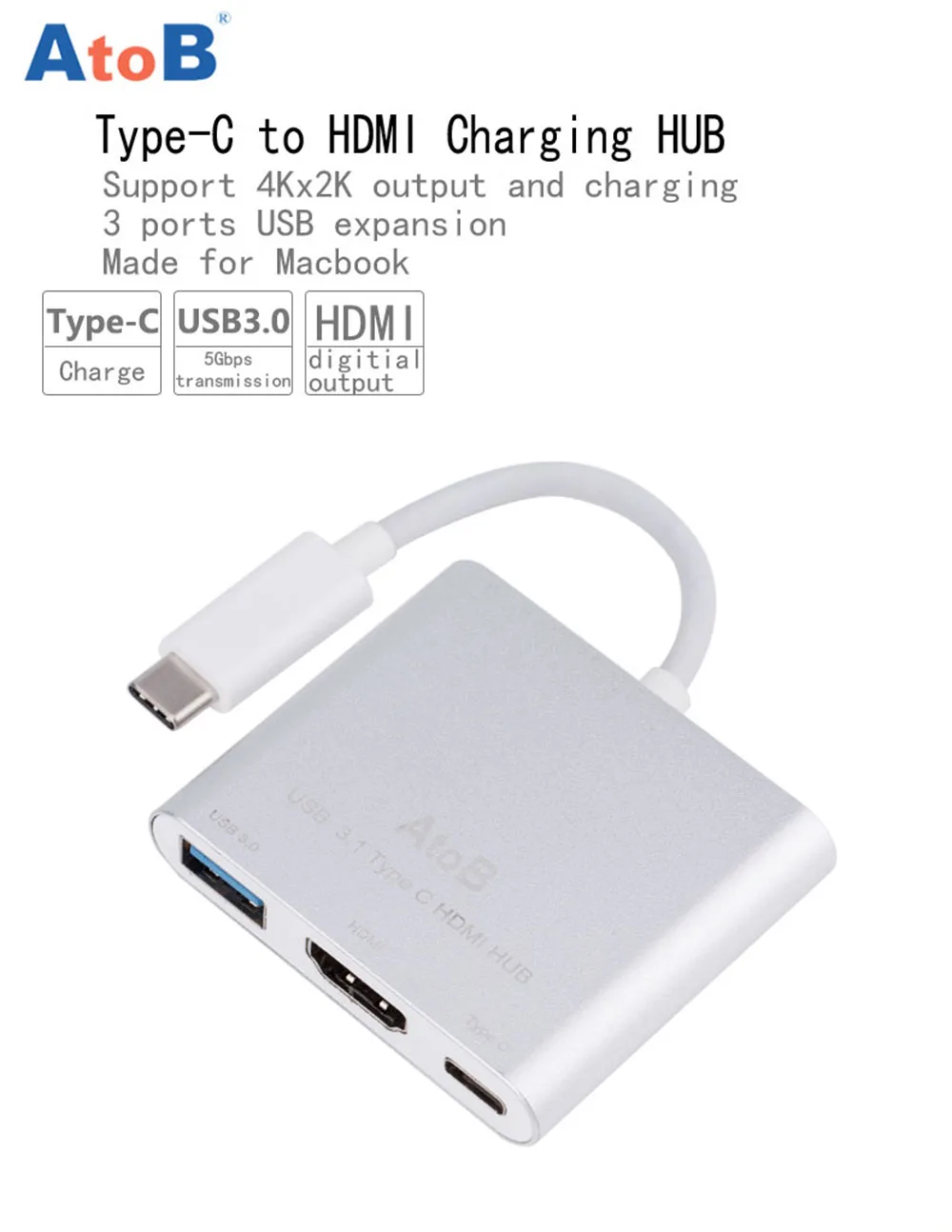 AtoB 4k HD USB3.1 Type C to HDMI USB 3.0 Type C HUB Adapter 3 in 1 USB