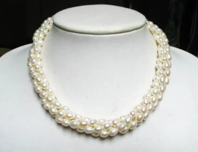 

FREE SHIPPING>@@> N1901 necklace 3 strands white freshwater pearl oval beads twisted