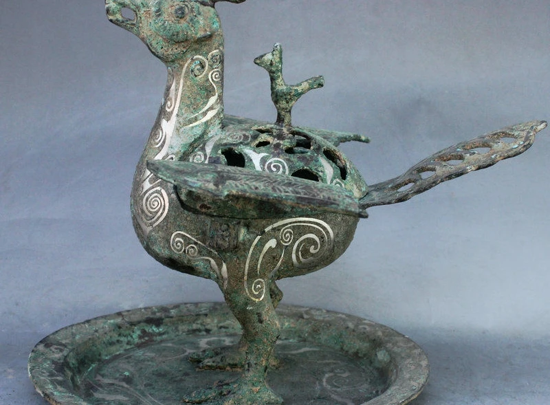 

8" Ancient China FengShui Bronze Phoenix Shaped Statue Incense Burner Censer