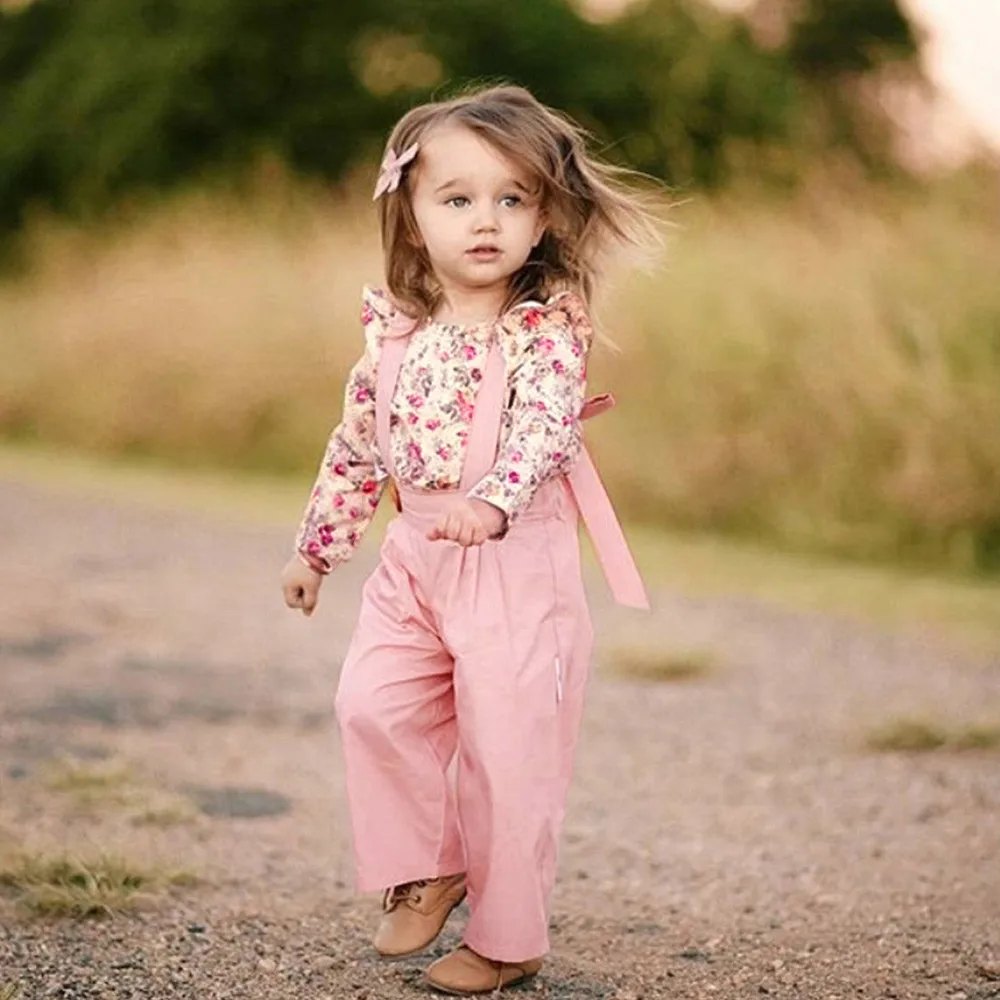 2PCS Toddler Baby Girls Long Sleeve Floral Tops+Overalls Pants Winter Outfits