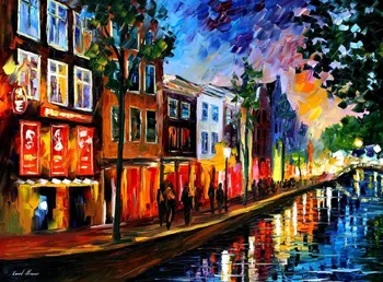 

Palette Knife oil paintings Amsterdam red lights Contemporary art impressionist Landscapes village hand painted wall decor