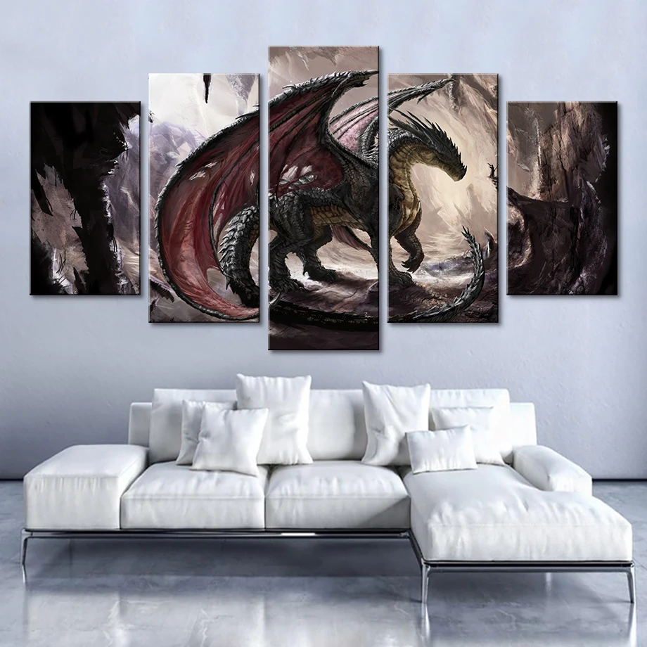 

Modular Picture Abstract Home Decoration Wall Art Posters 5 Pcs Black Fire Dragon Living Room HD Printed Painting On Modern Canv
