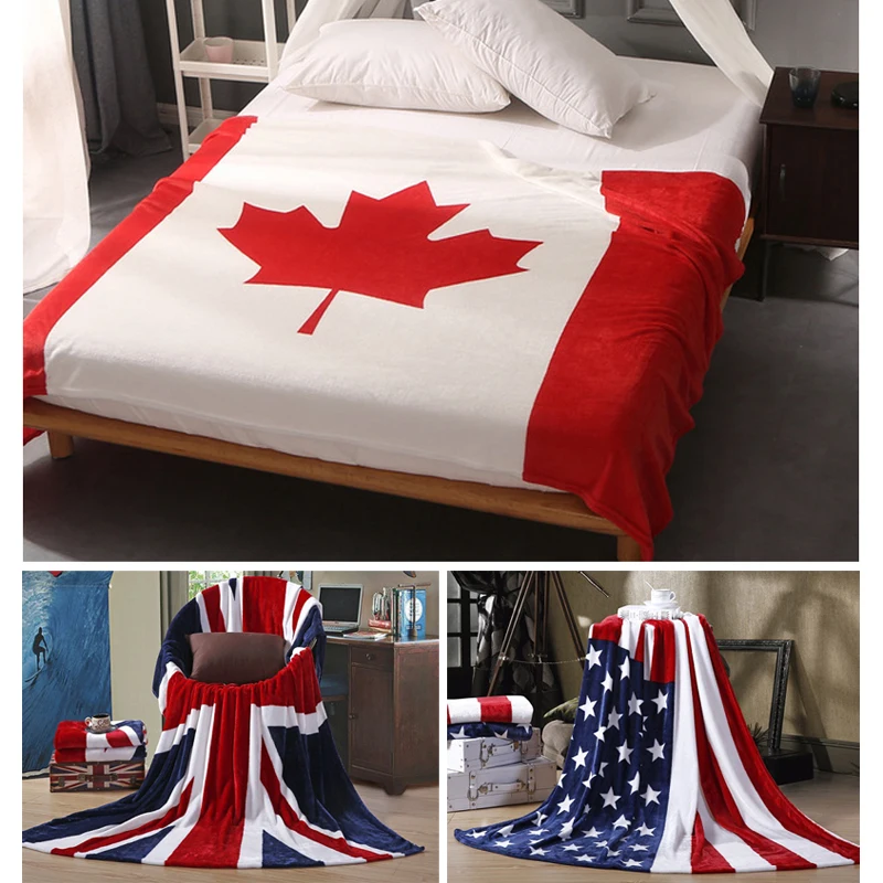 

New Canada USA UK Multifunction Blanket Sofa Cover Bedsheet Throws British American Flag Stripe Fleece Flannel Bedspread 150x200