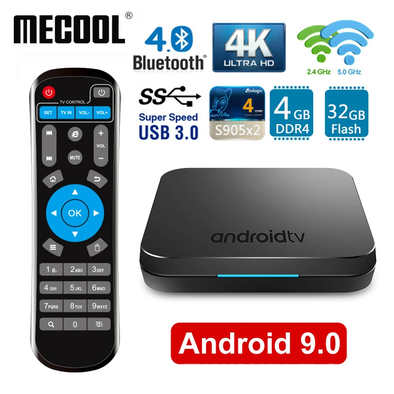 

Mecool KM9 Android 9.0 Smart TV Box S905X2 4GB DDR4 RAM 32GB ROM 2.4G/5G WiFi BT4.1 Set Top Box 4K H.265 USB3.0 Media Player KM9