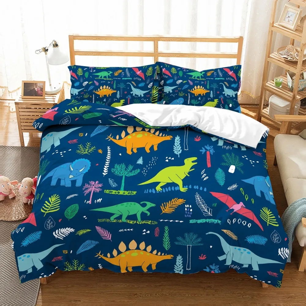 3d Dino Forest Prints Navy Kids Duvet Cover Bedding Set 3 Pieces