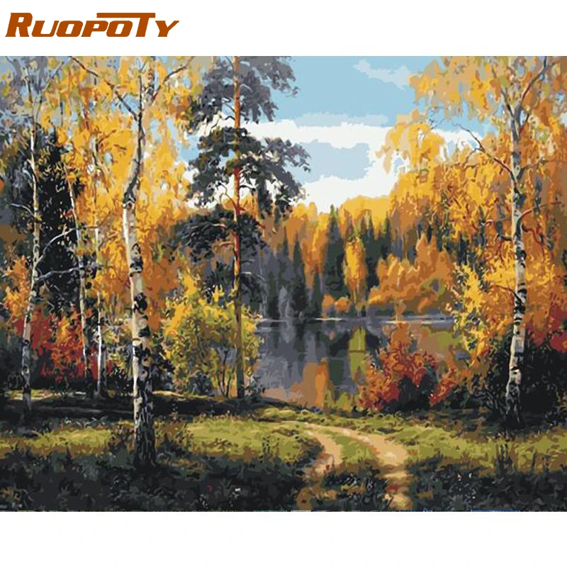 

RUOPOTY Frame Autumn DIY Painting By Numbers Landscape Wall Handpainted Art Picture Canvas Painting Coloring By Numbers For Home