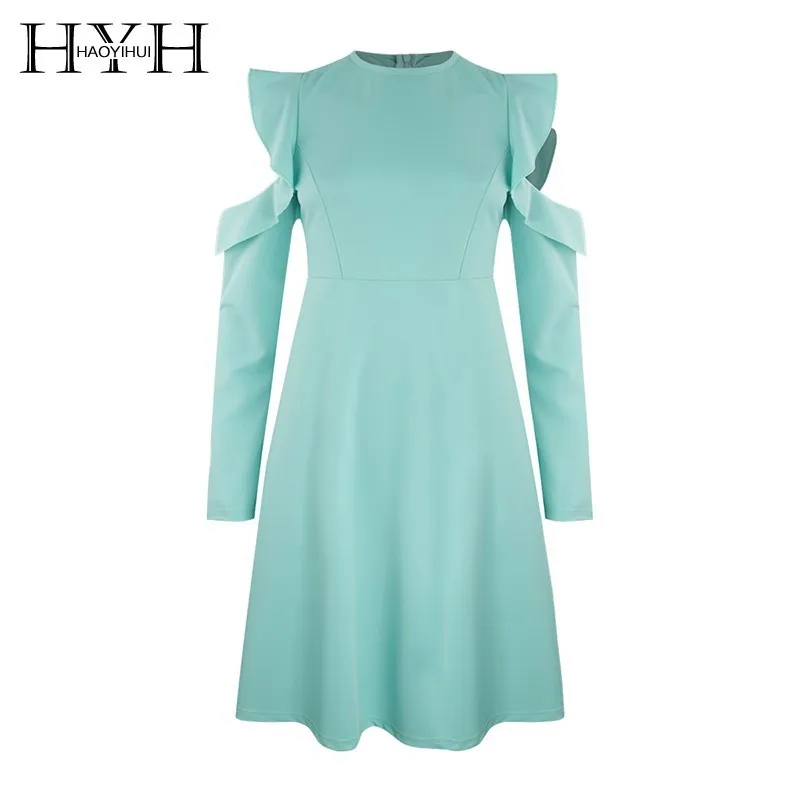 

HYH Haoyihui Femme Stylish Personality Sweet Round Collar Ruffles Hollow Out A-Line Off-the-shoulder Long Sleeve Midi Dress