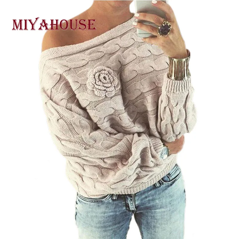 

Miyahouse Off Shoulder Floral Print O-Neck Sweater Spring Winter Women Pullover Sweater Solid Color Casual Knit Sweater Female