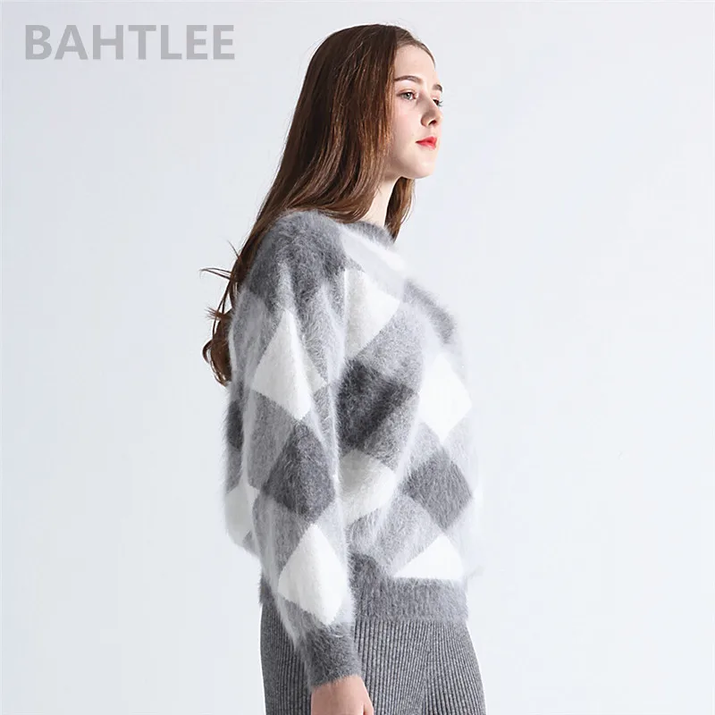 Goede Bahtlee Herfst Winter Vrouwen Angora Konijn Gebreide Lantaarn Mouwen Truien Trui Colorblock Diamant Geometrie Warm Houden