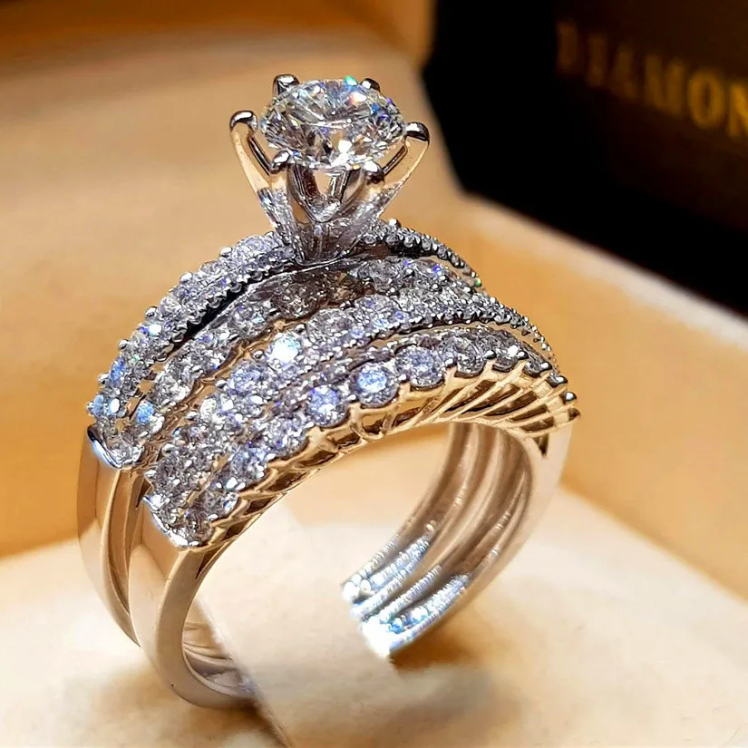 Милое Женское кристально-белое круглое кольцо набор Брендовое роскошное обещание 925 Серебряное обручальное кольцо винтажное свадебное кольцо для женщин