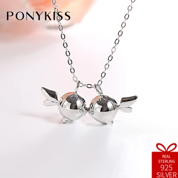 

PONYKISS Cute 100% 925 Solid Sterling Silver Kissing Fish Pendant Necklace Chain Gift Women Fine Jewelry Birthday Party