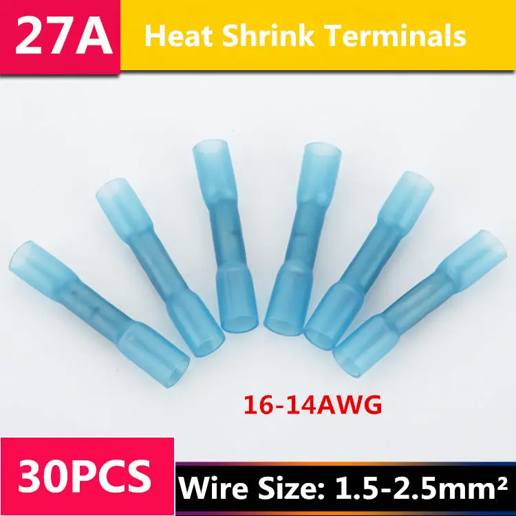 

30PCS/LOT T036 Heat Shrink Butt Crimp Terminals Insulated Electrical Wire Cable Waterproof Connectors BHT2 Blue 16-14AWG 27A