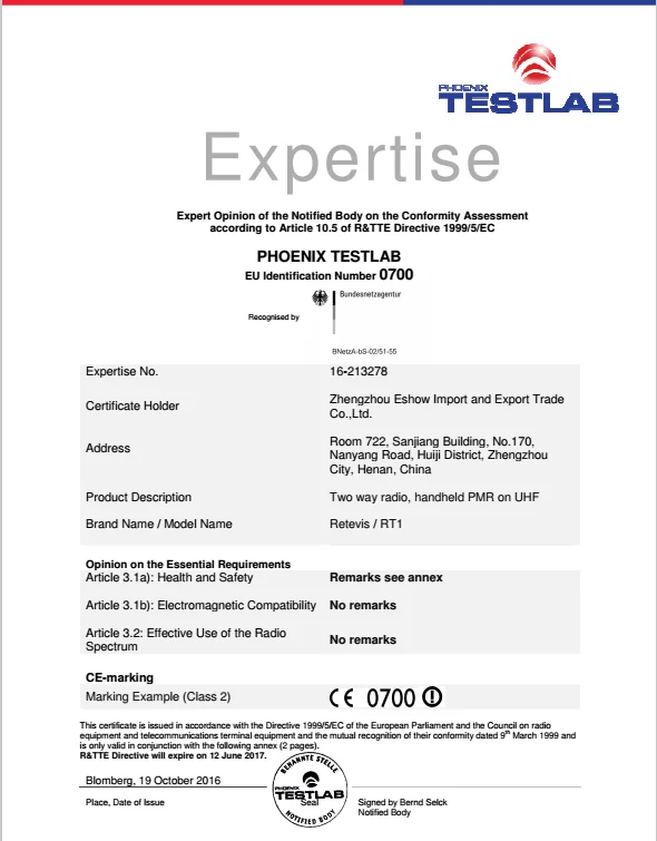 RT1 CE certificate