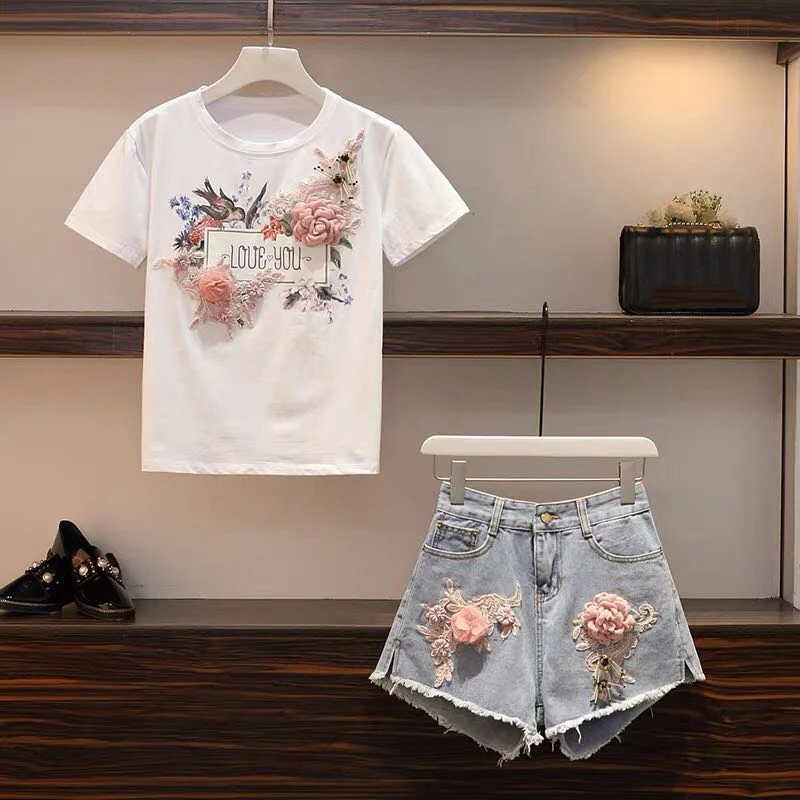 Европейский летний женский комплект из 2 предметов с вышивкой 3D футболки с цветочным узором+ джинсовые шорты набор из бисера Топ футболки джинсовые шорты комплекты из 2 предметов 3XL