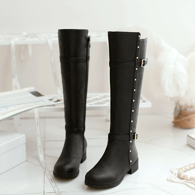 

Large Size 34-43 High quality Leather Square mid Heels Metal belt buckle decoration Boots Woman Shoes Zip Up Knee High Boots