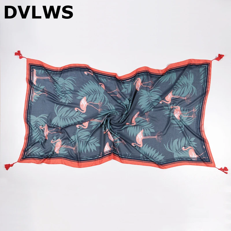 

Fast Shipping Fashion Flamingo Printed Scarf Women with Tassel Winter and Autumn Women Scaves Tropical Printed 2019 Dark Blue