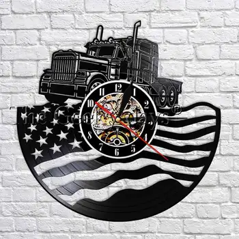 

Retro Black Hanging Wall Clock Tractor American Flag Vinyl Record Wall Clock 3D Watches Unique Farmhouse Wall Art Decor