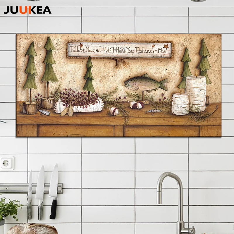 Retro Fish Restaurant Kitchen Canvas Art Print Painting Poster, Candle