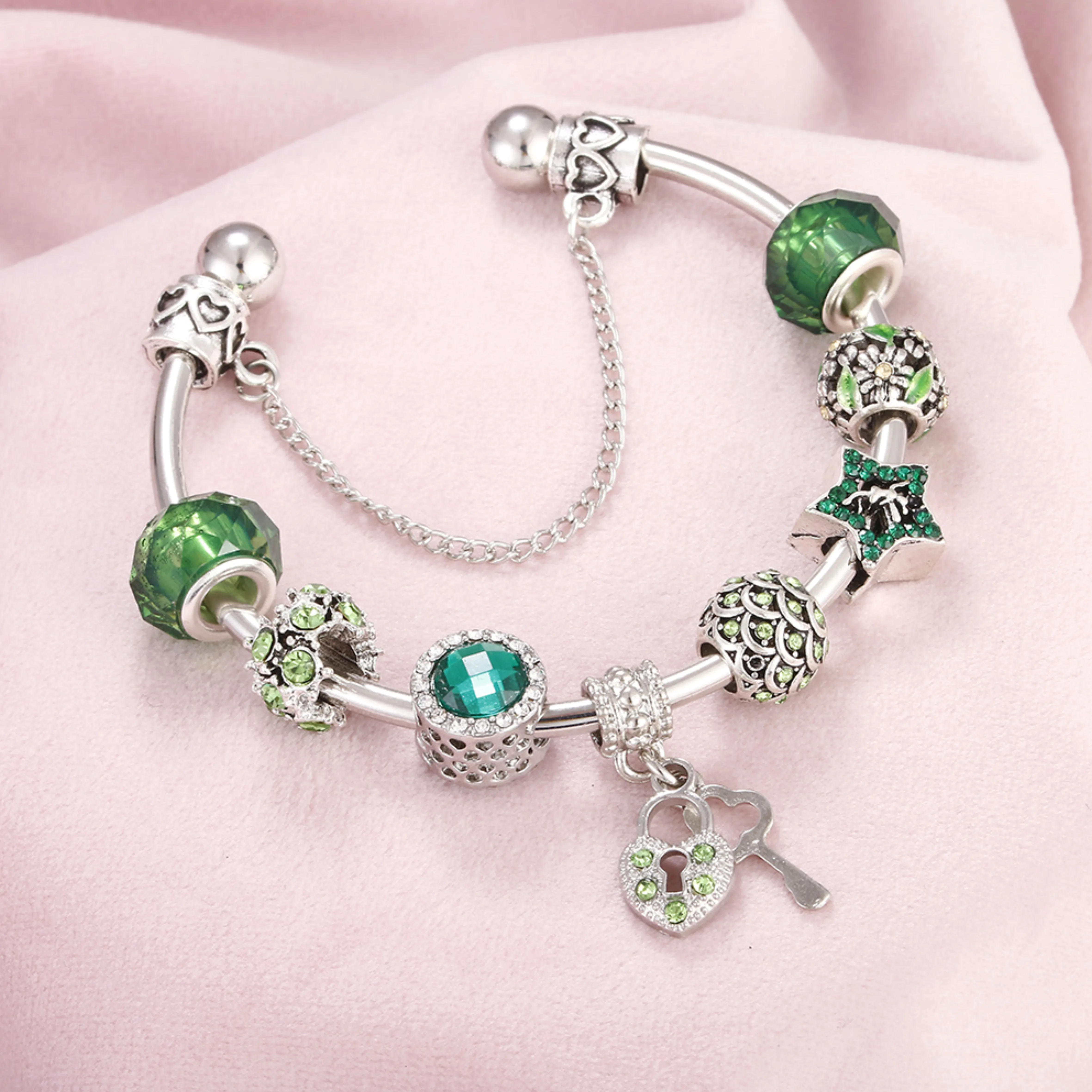 

Shiny Women Bracelet Crystal Green Bead Love Heart Lock Key Pendant Chain Safety Open Bracelets Bangles Couple Jewelry Girl Gift