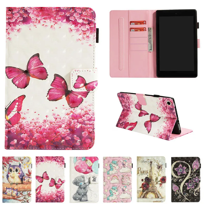 

Funda For Amazon Kindle Fire HD 8th Generation Fashion 3D Print Pattern Leather Flip Wallet Cases Cover Coque Shell Stand