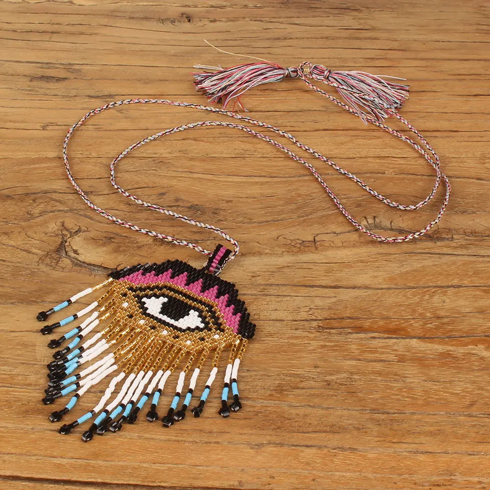 

Balibali Bohemia Exquisite Handmade MIYUKI Seed Bead Evil eyes Necklace Pendants Long Statement Woven Necklace For Women
