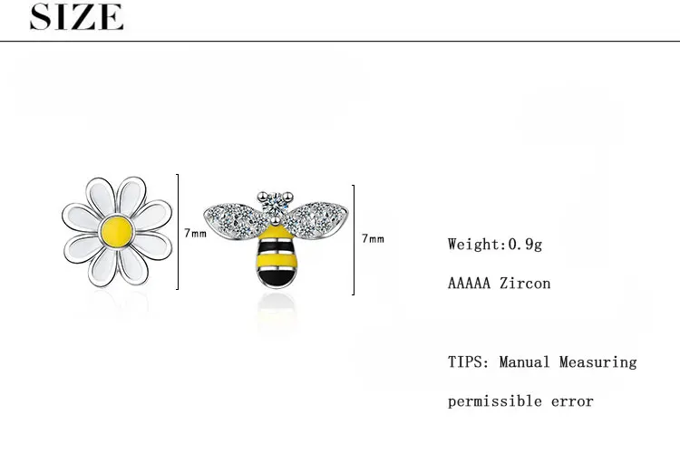 Anenjery милые Асимметричные пчелиные солнечные циркониевые серьги с цветочным мотивом для женщин девушек 925 пробы серебряные серьги Букле д 'ореиль S-E644